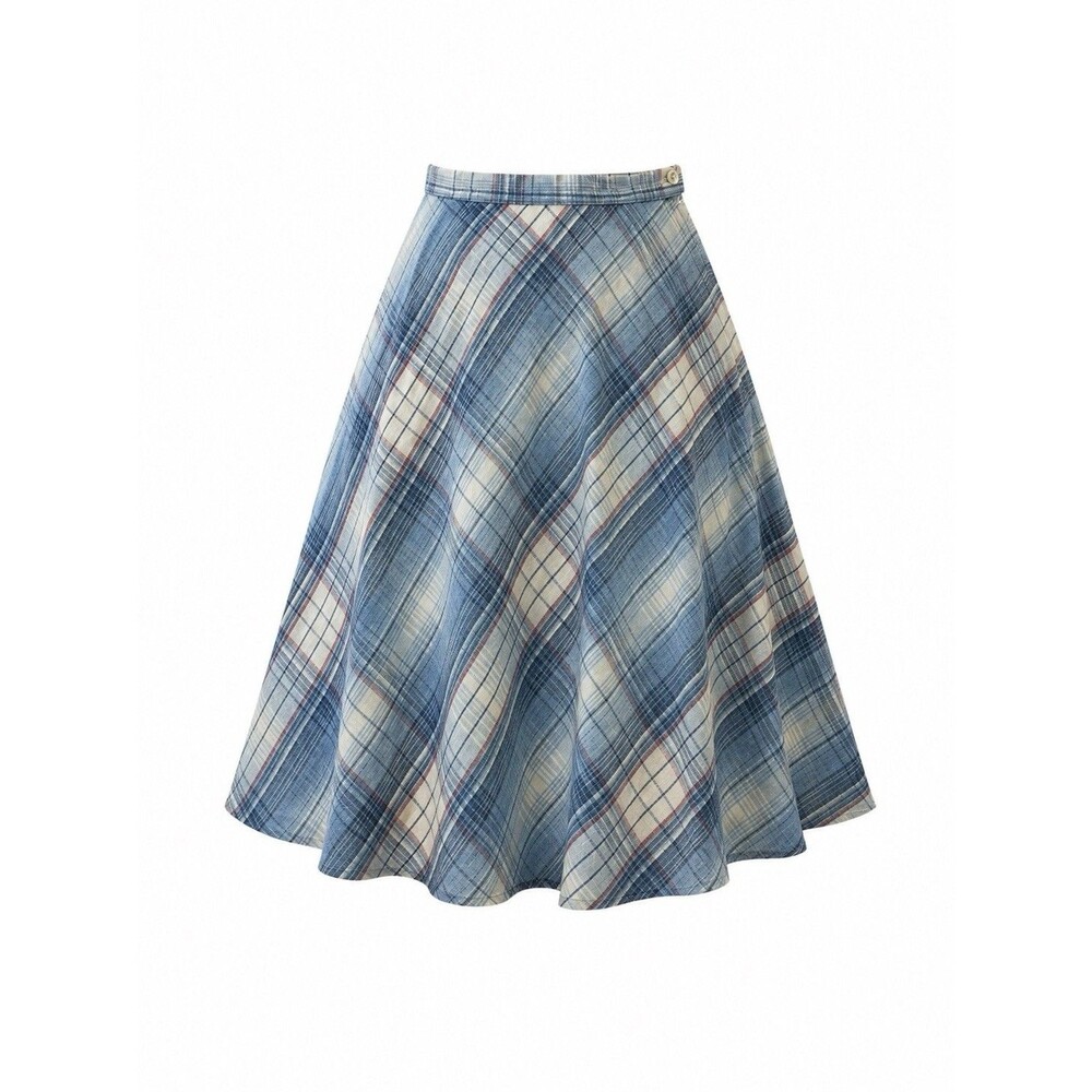 Vintage 60s 70s ILGWU Blue Plaid Skirt Women's XS Midi A-Line Union Made Check